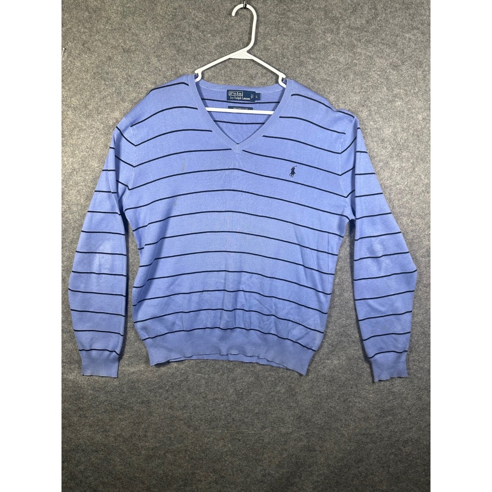 Polo‎ Ralph Lauren Mens V-Neck Sweater Blue Striped 100% Pima Cotton Large